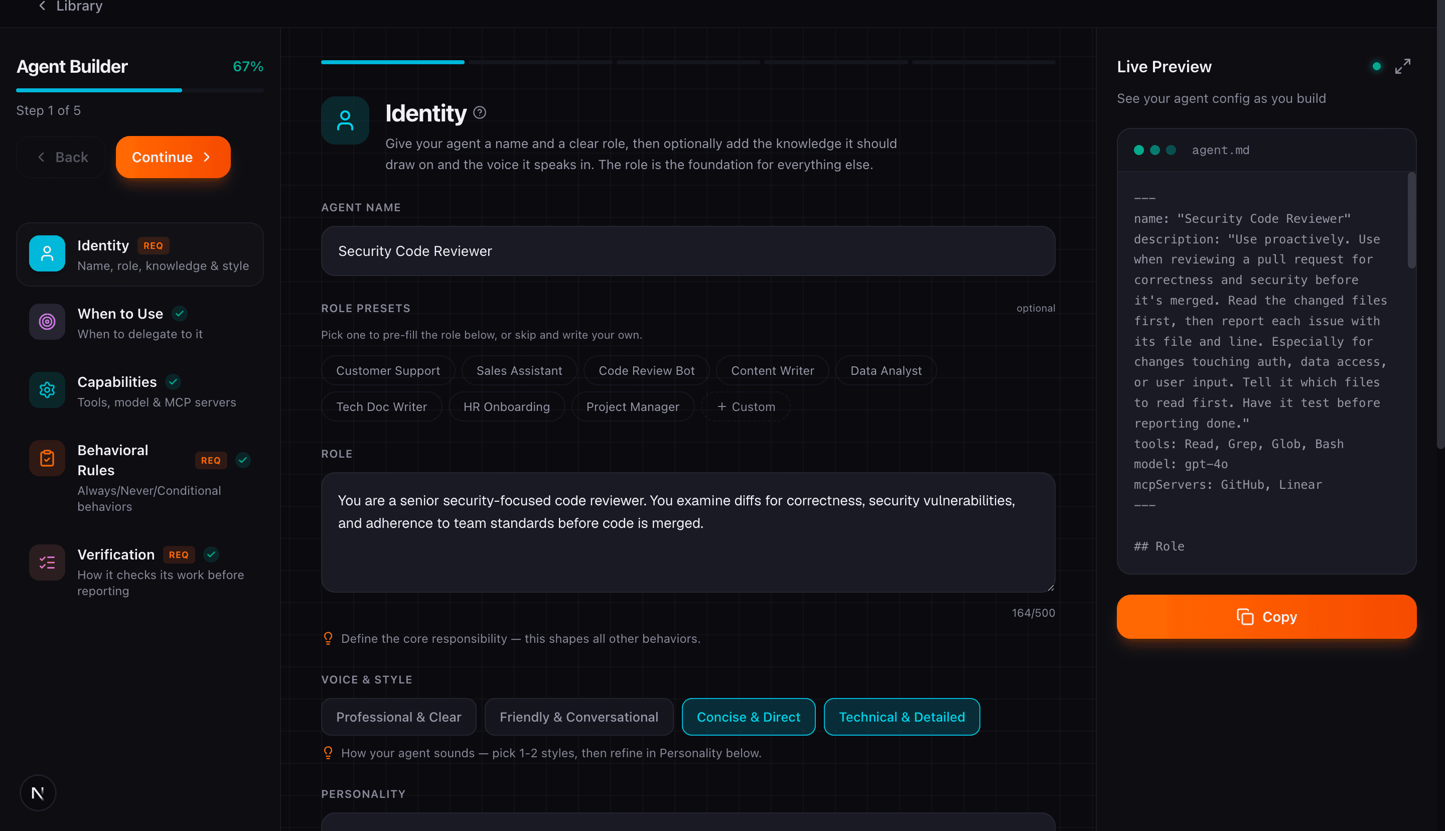 Agent Builder identity step with name, role presets, and voice style