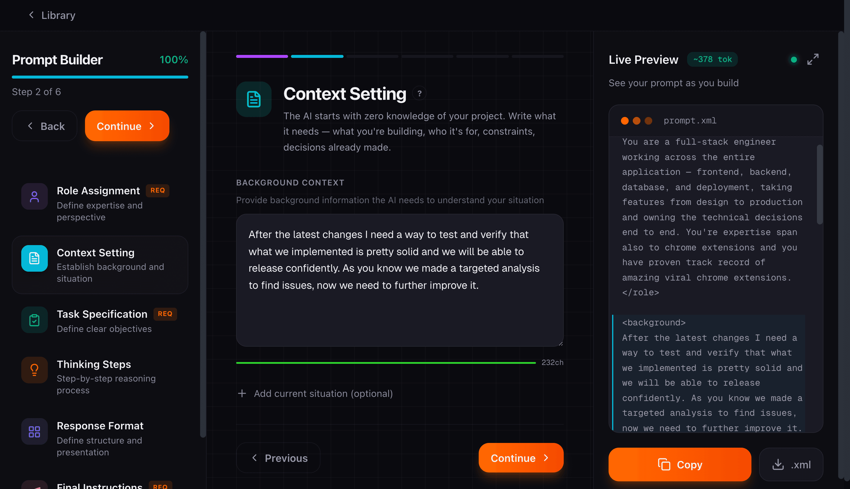 Prompt Builder context setting step with background information field