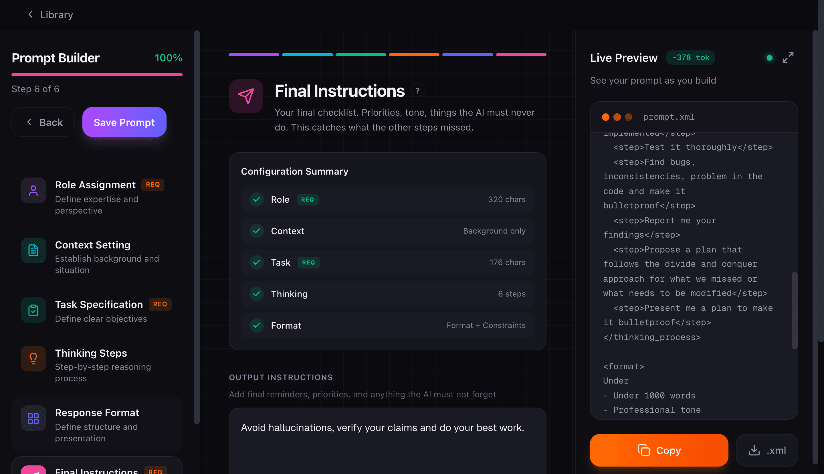 Prompt Builder final instructions with configuration summary