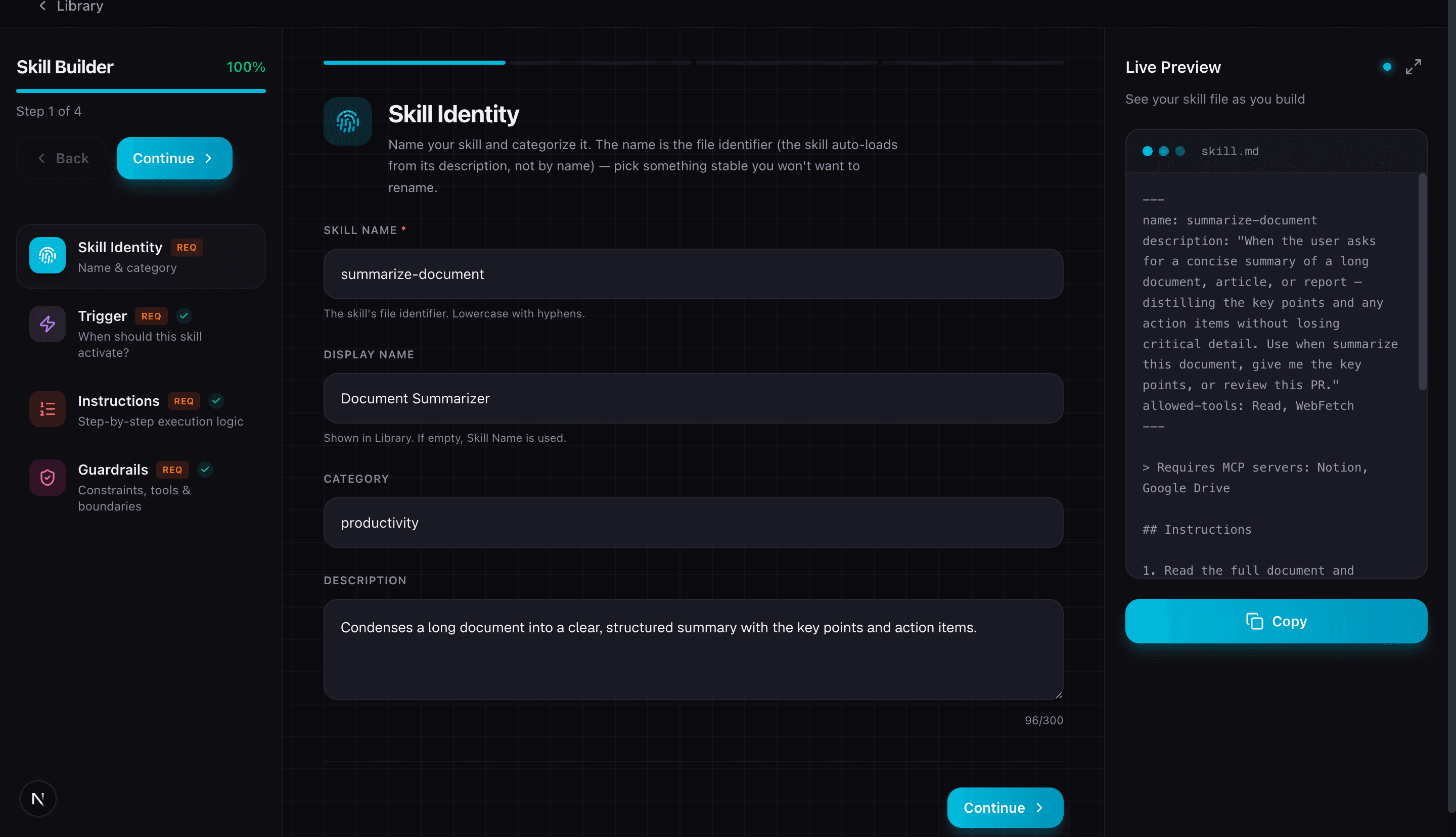 Skill Builder identity step with name and category
