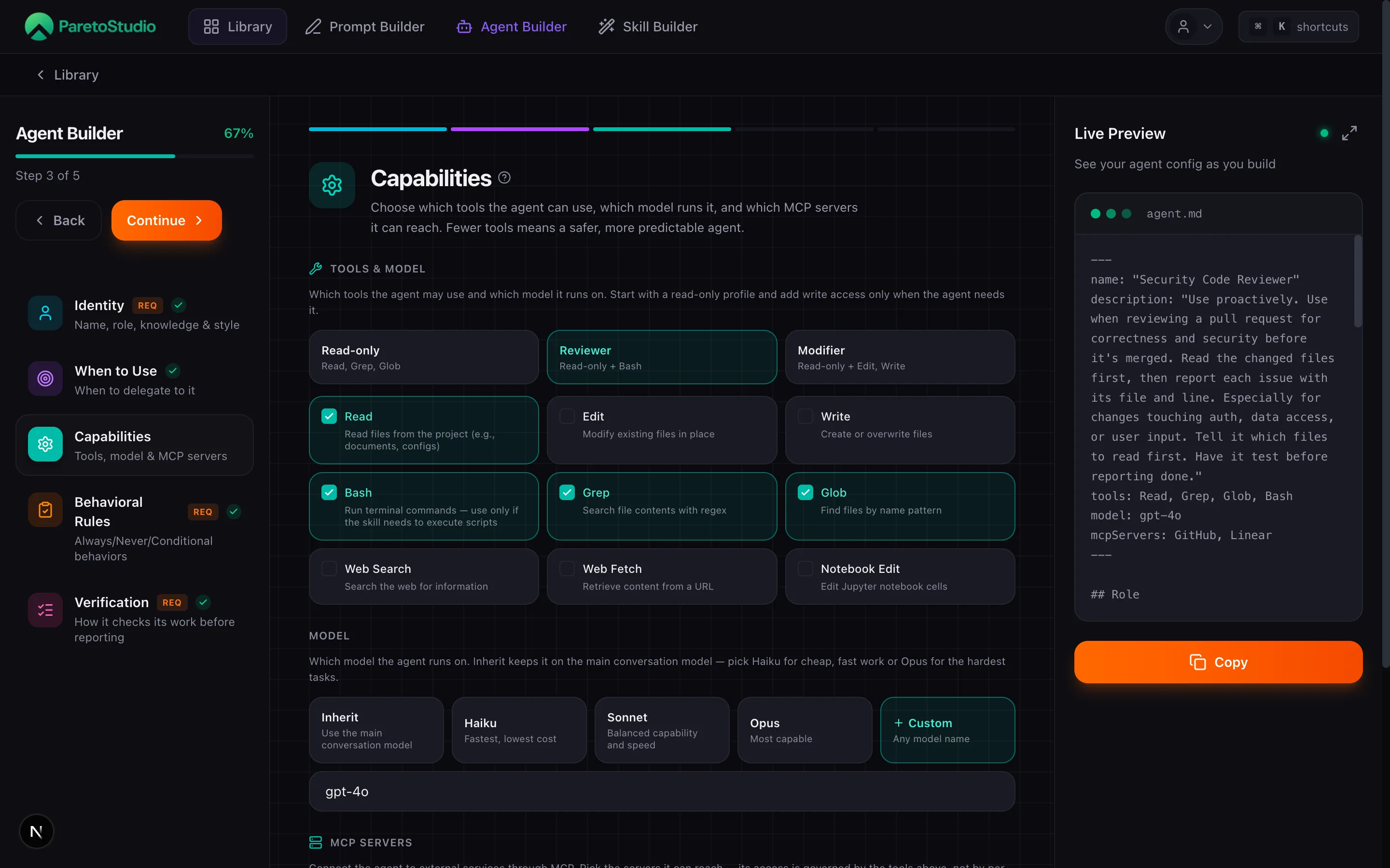 Agent Builder Step 3 — Capabilities with a tool allowlist, model selector, and MCP server picker