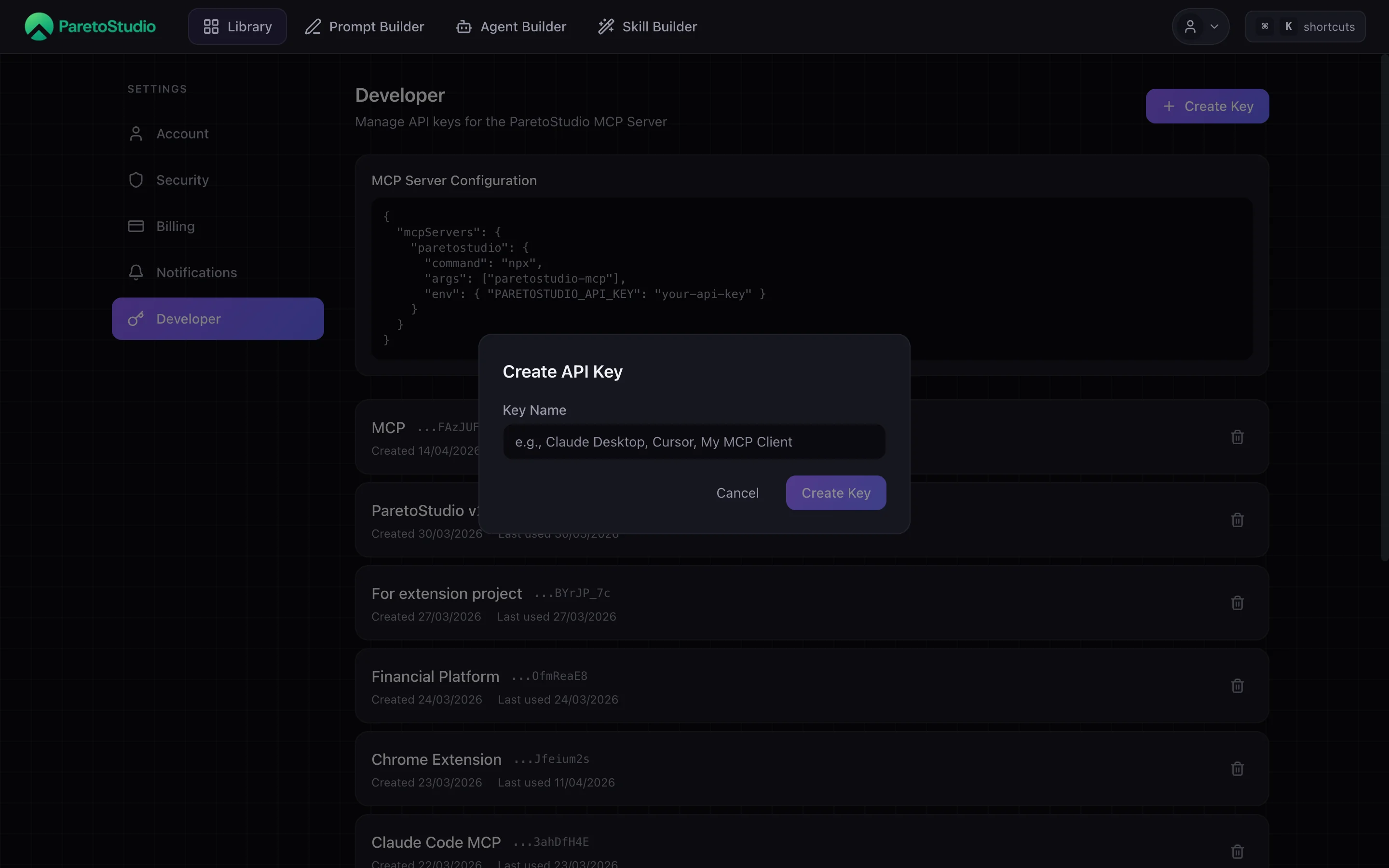 Settings - Developer tab showing the API key creation button and list of existing keys