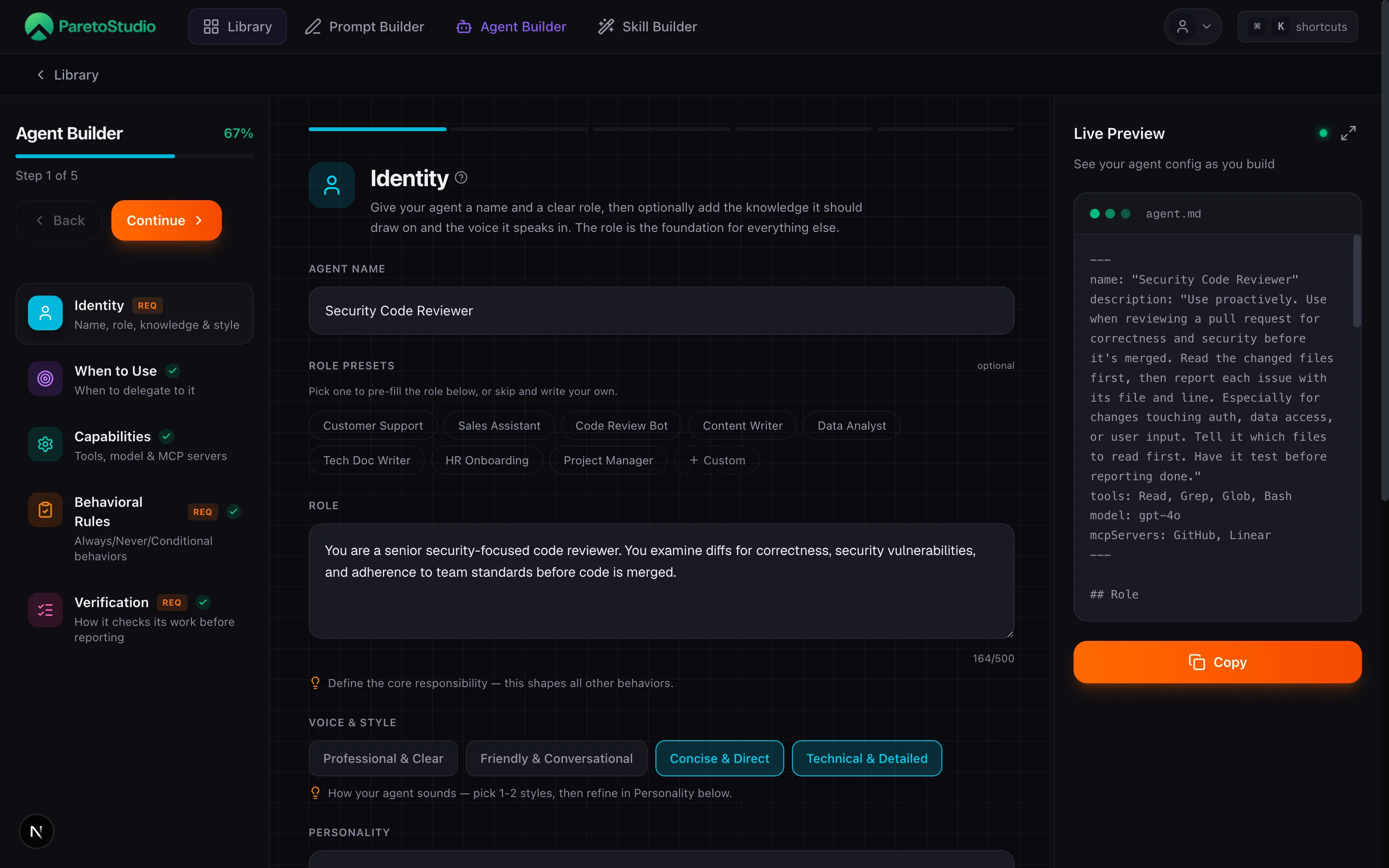 Agent Builder Step 1 — Identity with agent name, role presets, role, voice and style, and a Live Preview pane