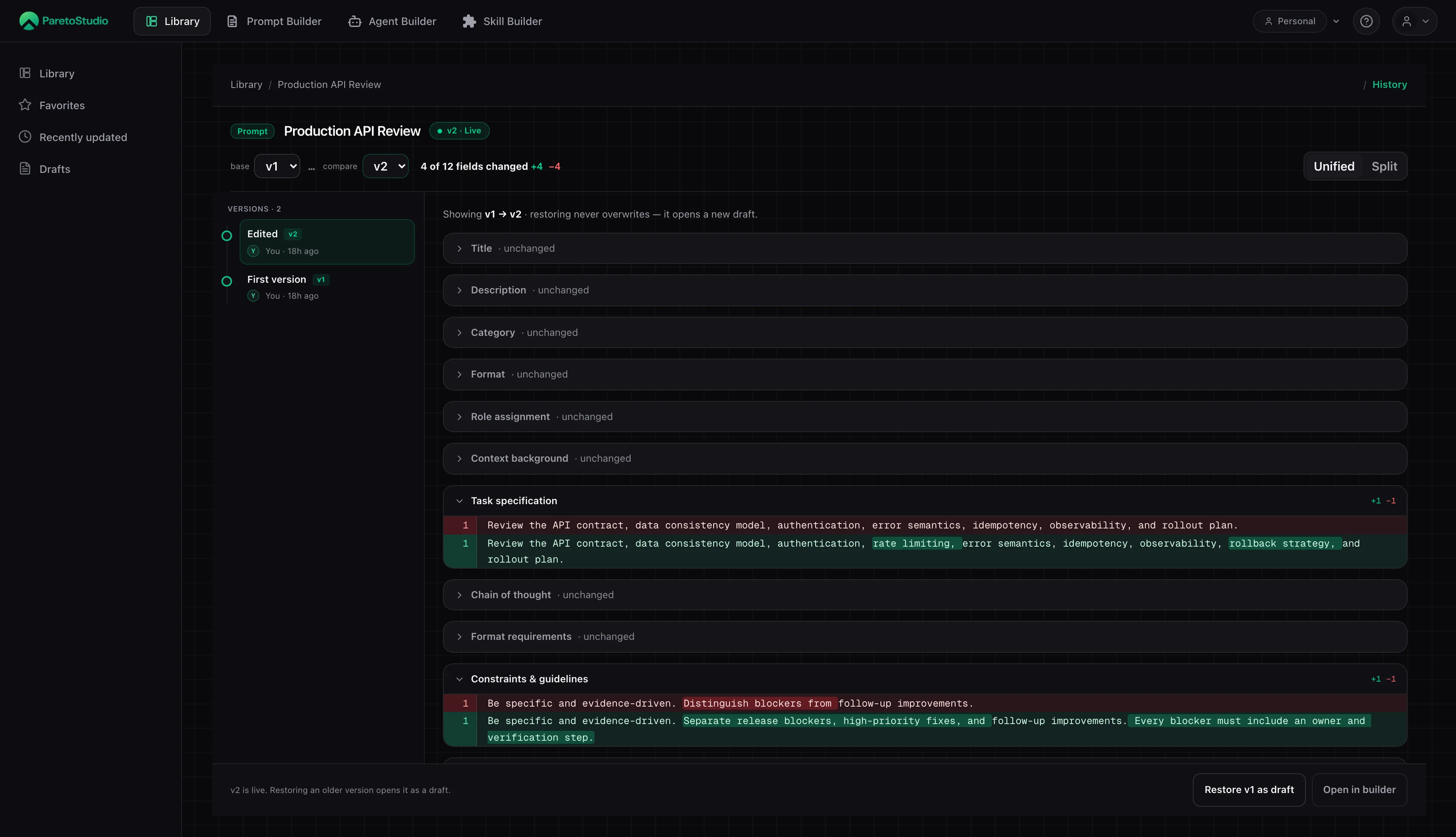 Version history comparing Production API Review v1 and v2 with inline additions and removals across changed fields