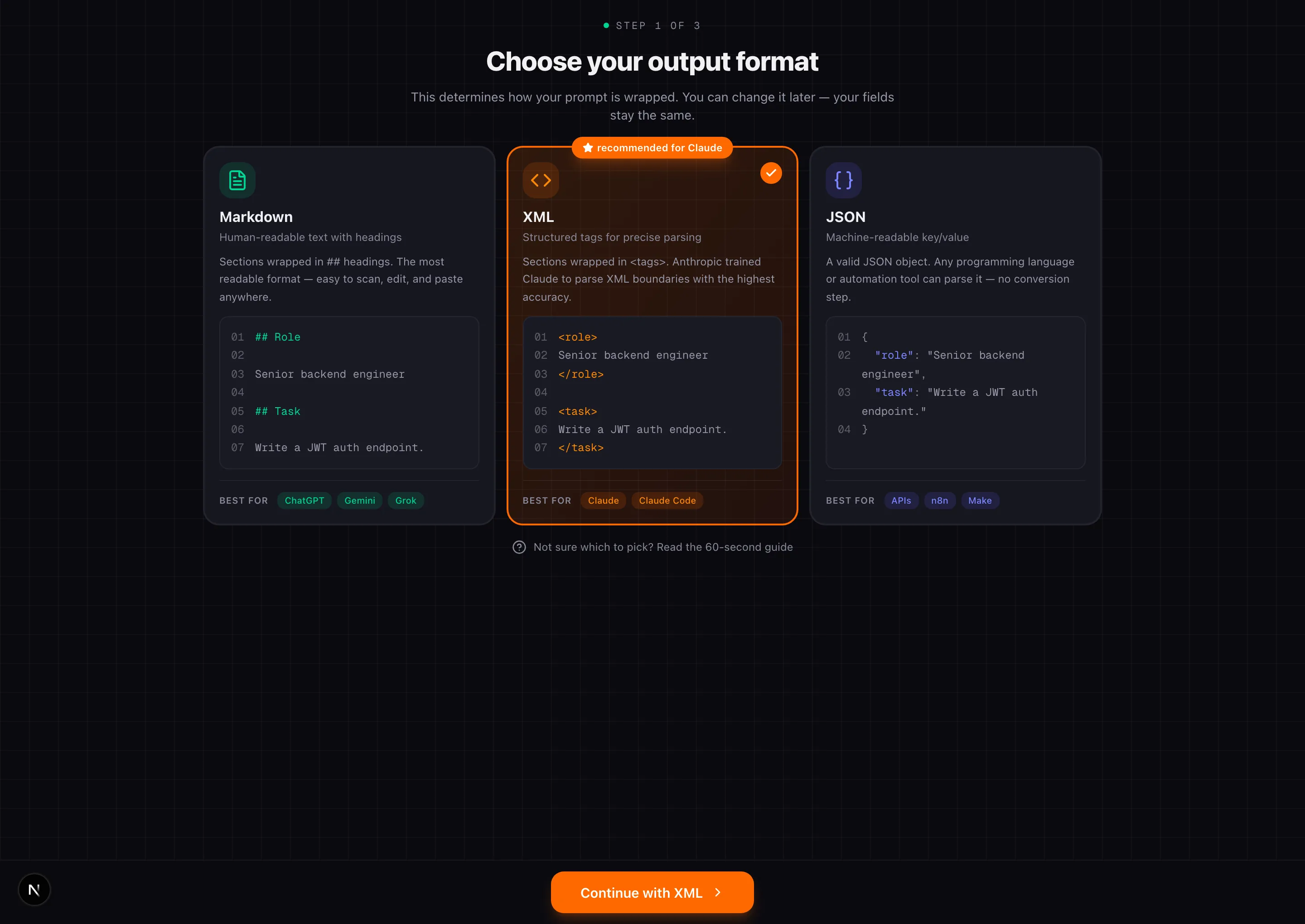 Prompt Builder format selector — Markdown, XML (Anthropic recommended), JSON cards with best-for tags