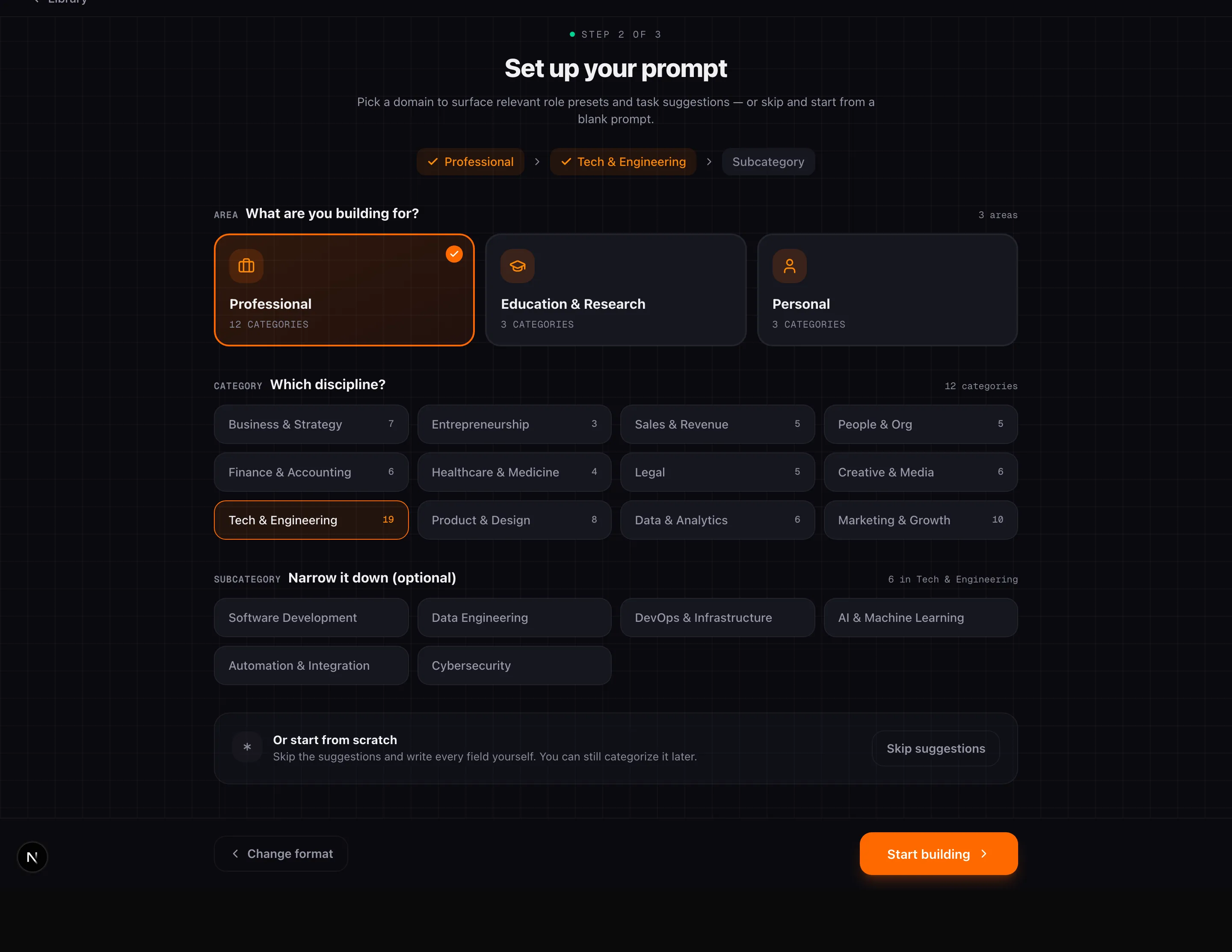 Prompt Builder setup — Area cards, Category and Subcategory chips for choosing an ontology preset