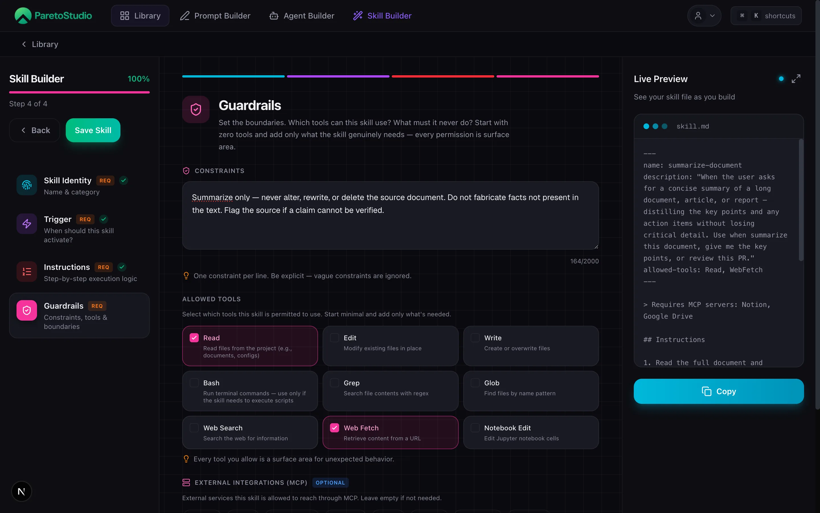 Skill Builder Step 4 — Guardrails with allowed tools (WebSearch, WebFetch, Read) and hard constraints