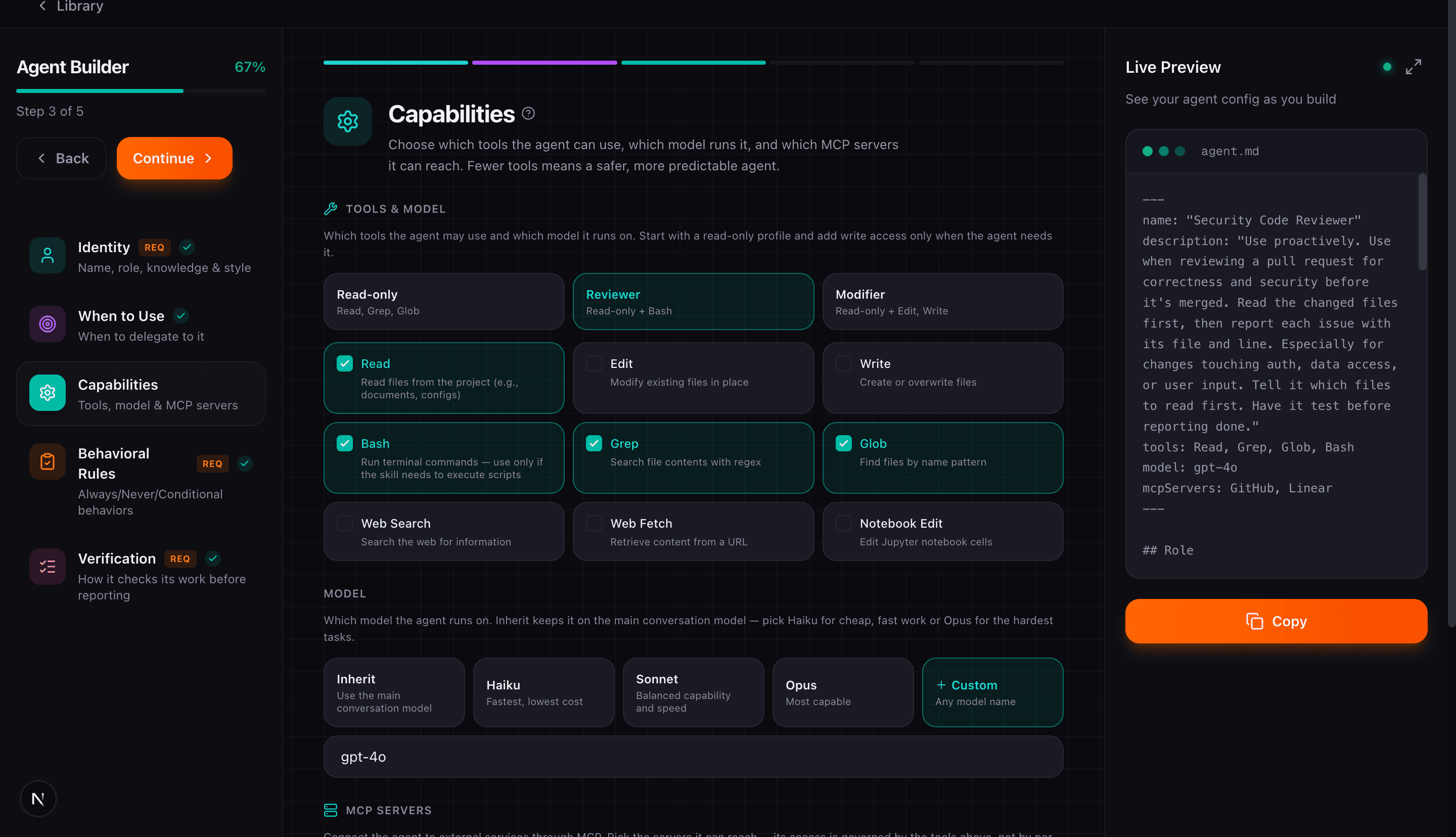 Agent Builder capabilities step with tool allowlist, model, and MCP servers