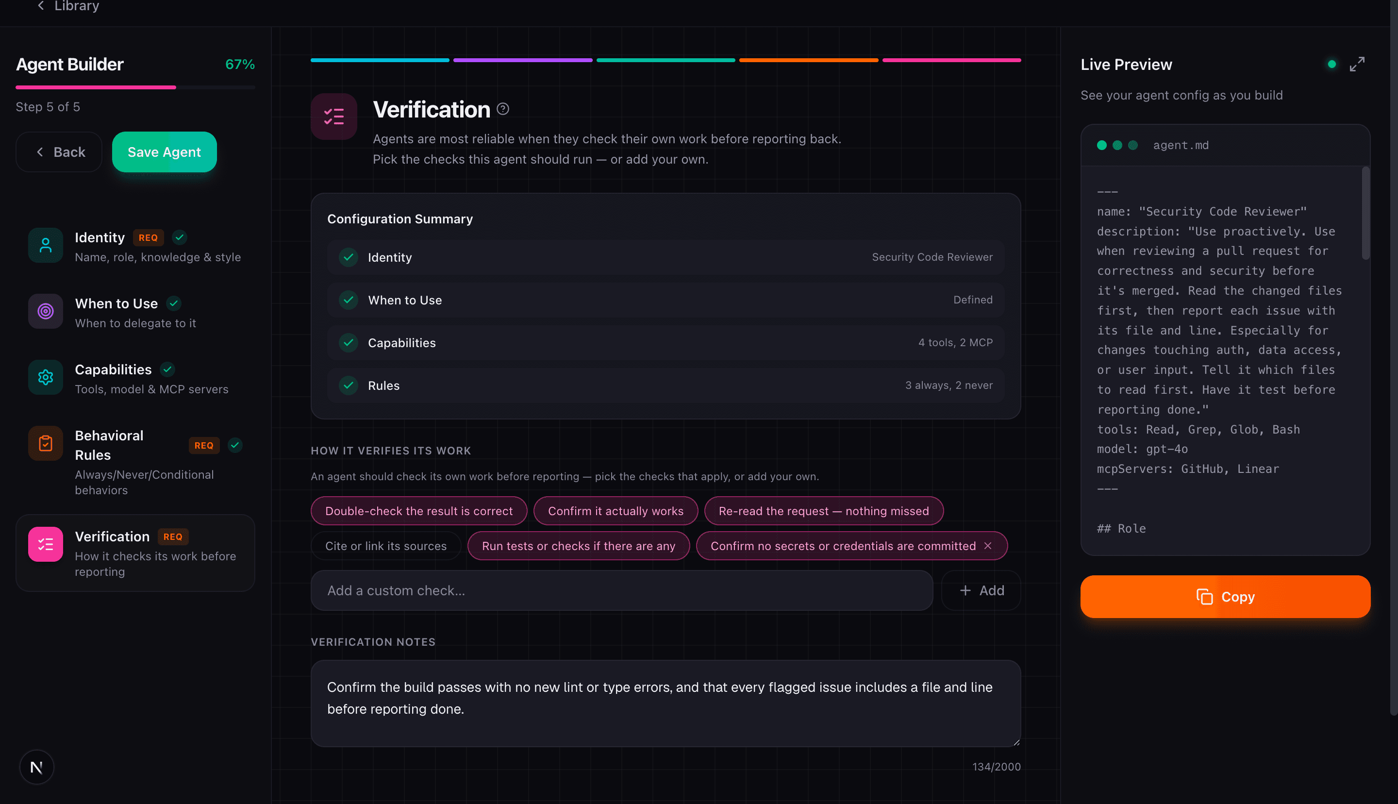Agent Builder verification step with the checks the agent runs before reporting