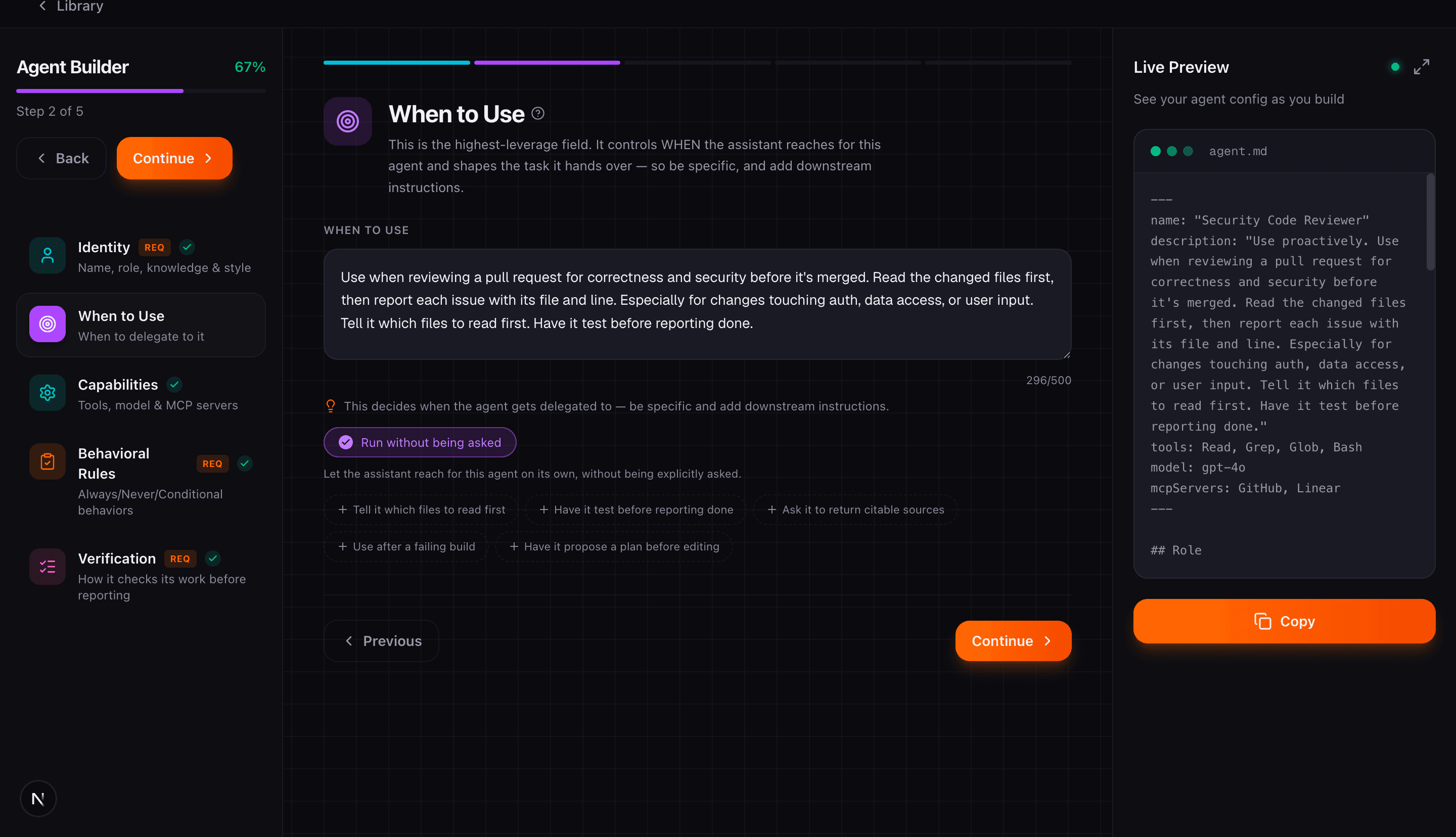 Agent Builder when-to-use step with delegation brief and proactive toggle
