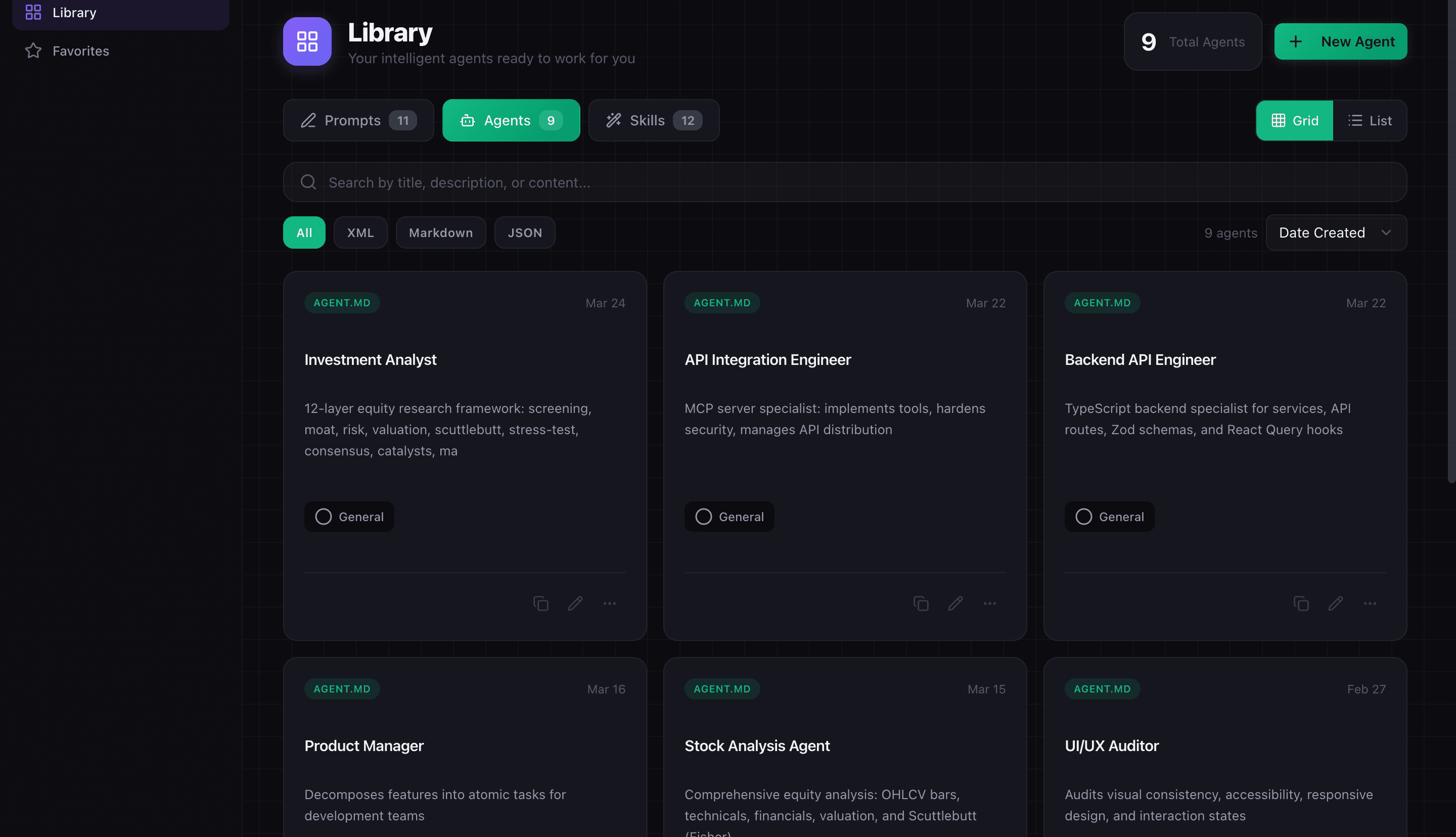 Library agents tab showing Investment Analyst, API Integration Engineer, and Backend API Engineer cards