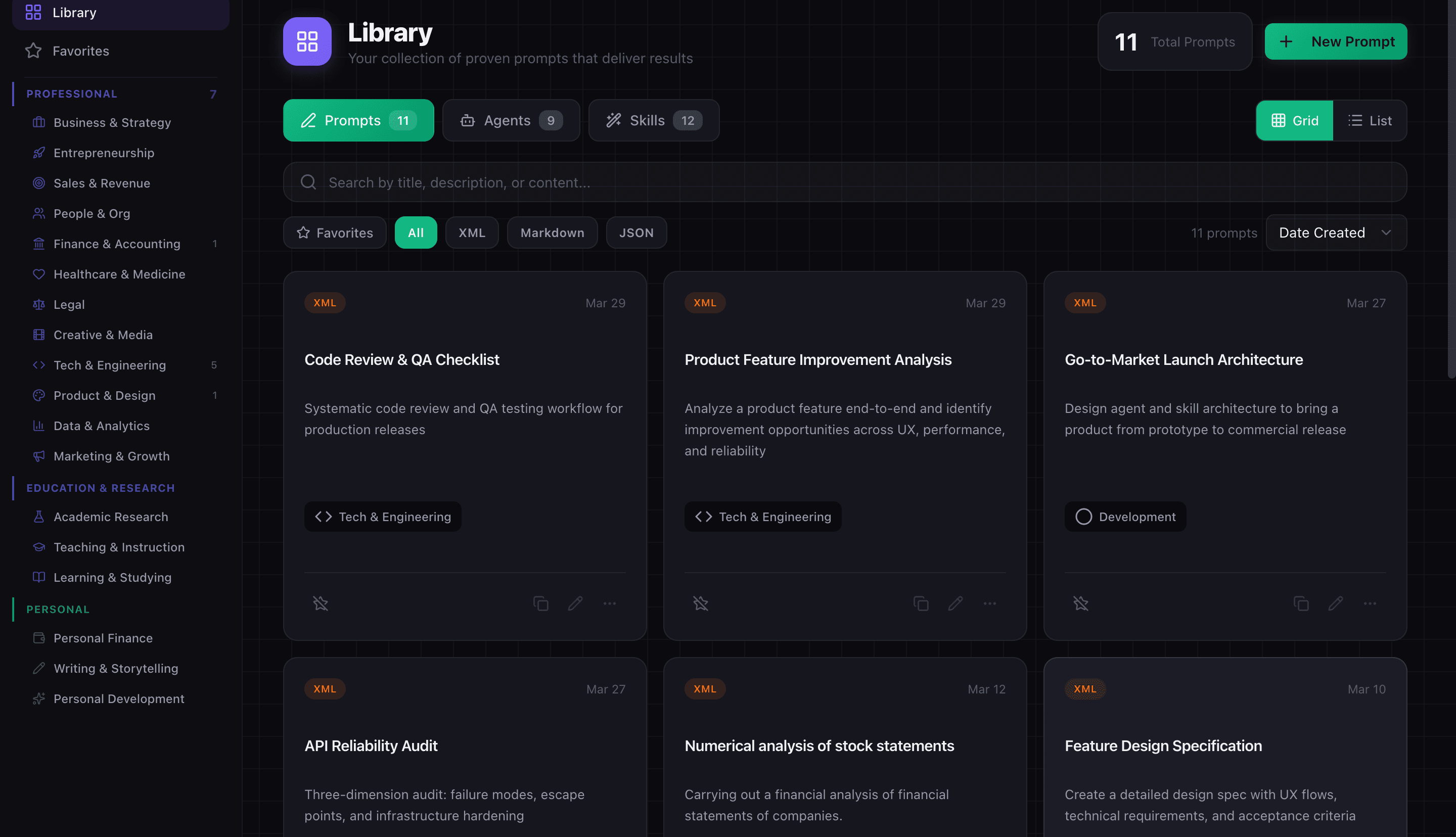 Library with 18 sidebar categories, grid view showing prompt cards, and Prompts/Agents/Skills tabs