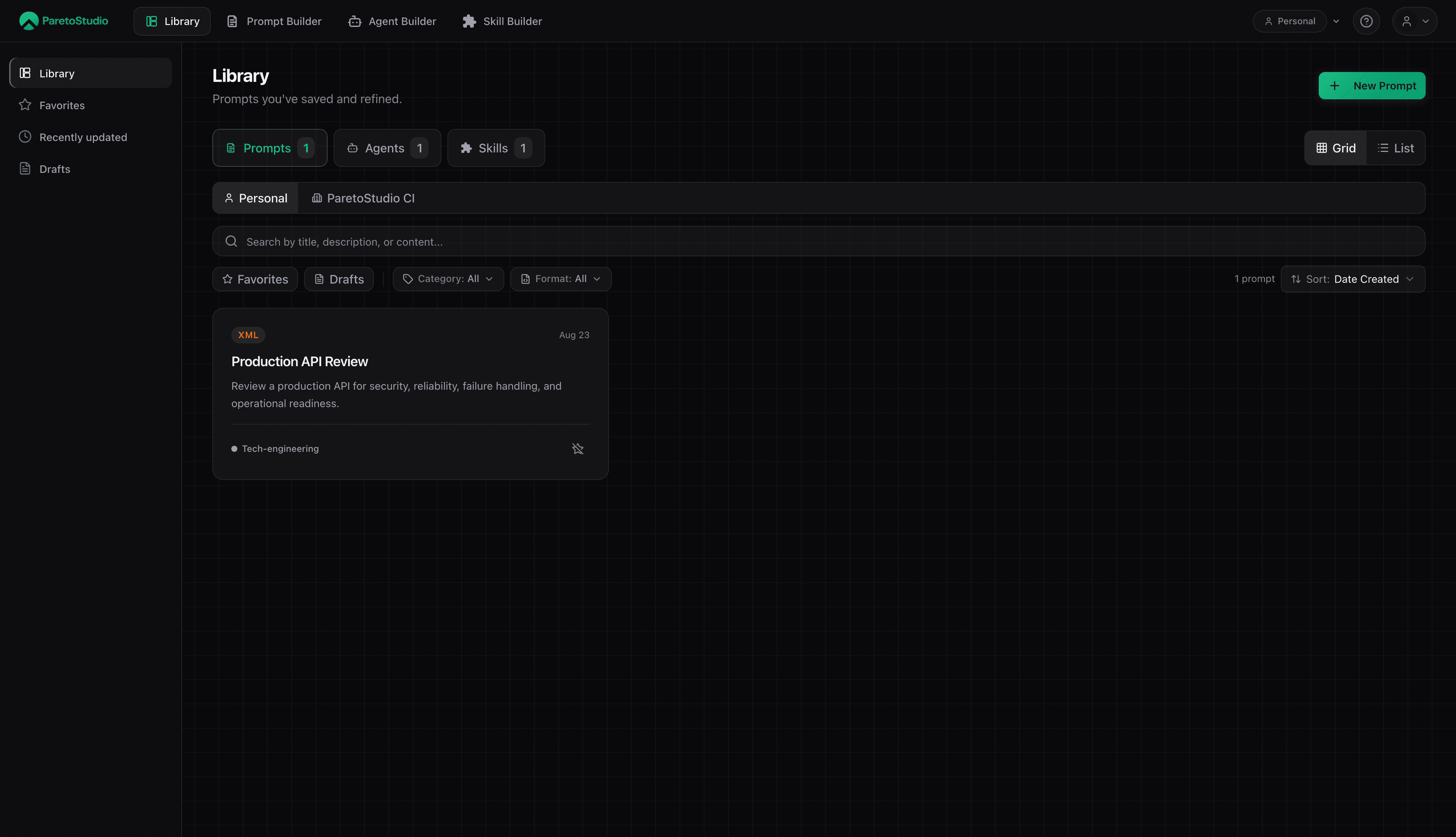 The current ParetoStudio Library overview with one saved production prompt