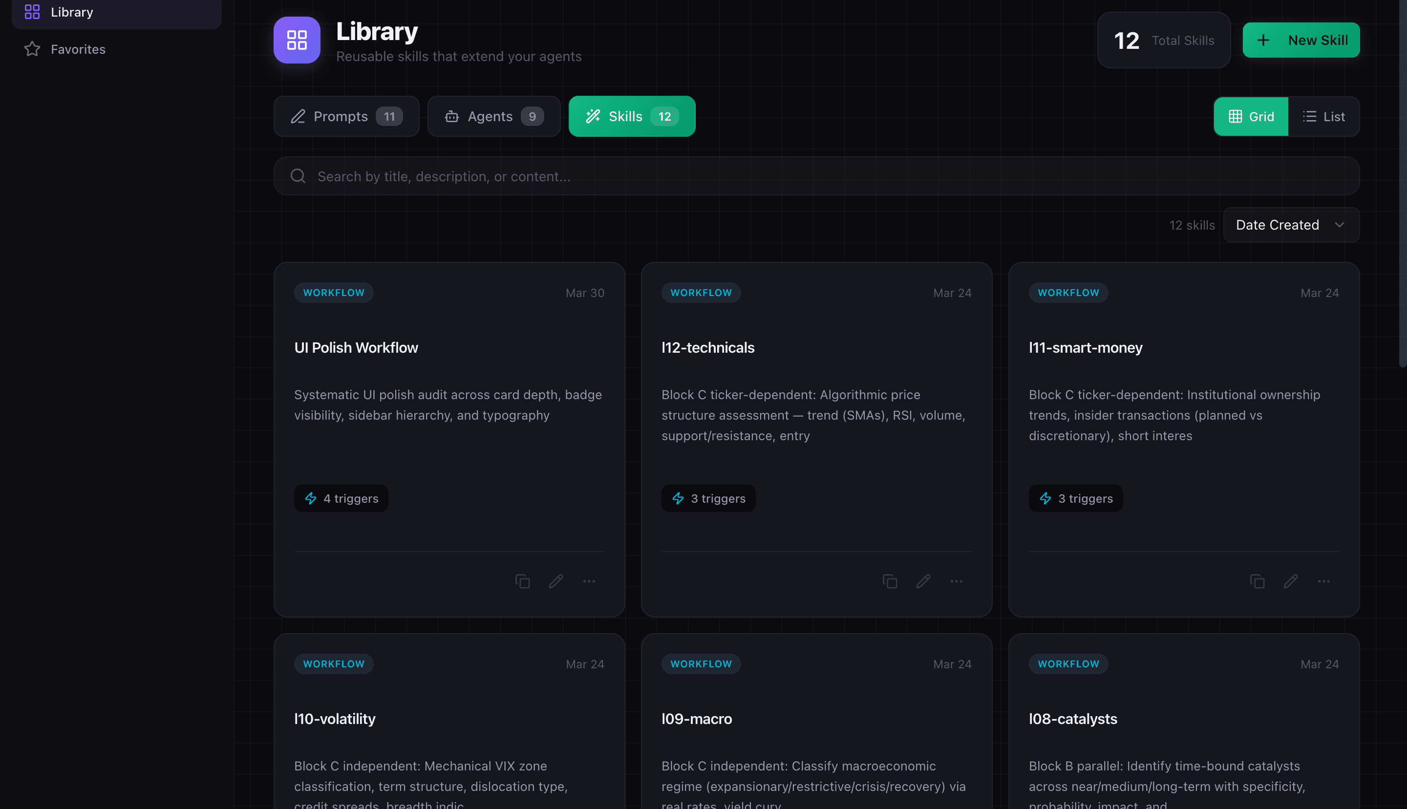 Library skills tab showing skill cards with trigger counts and tool permissions