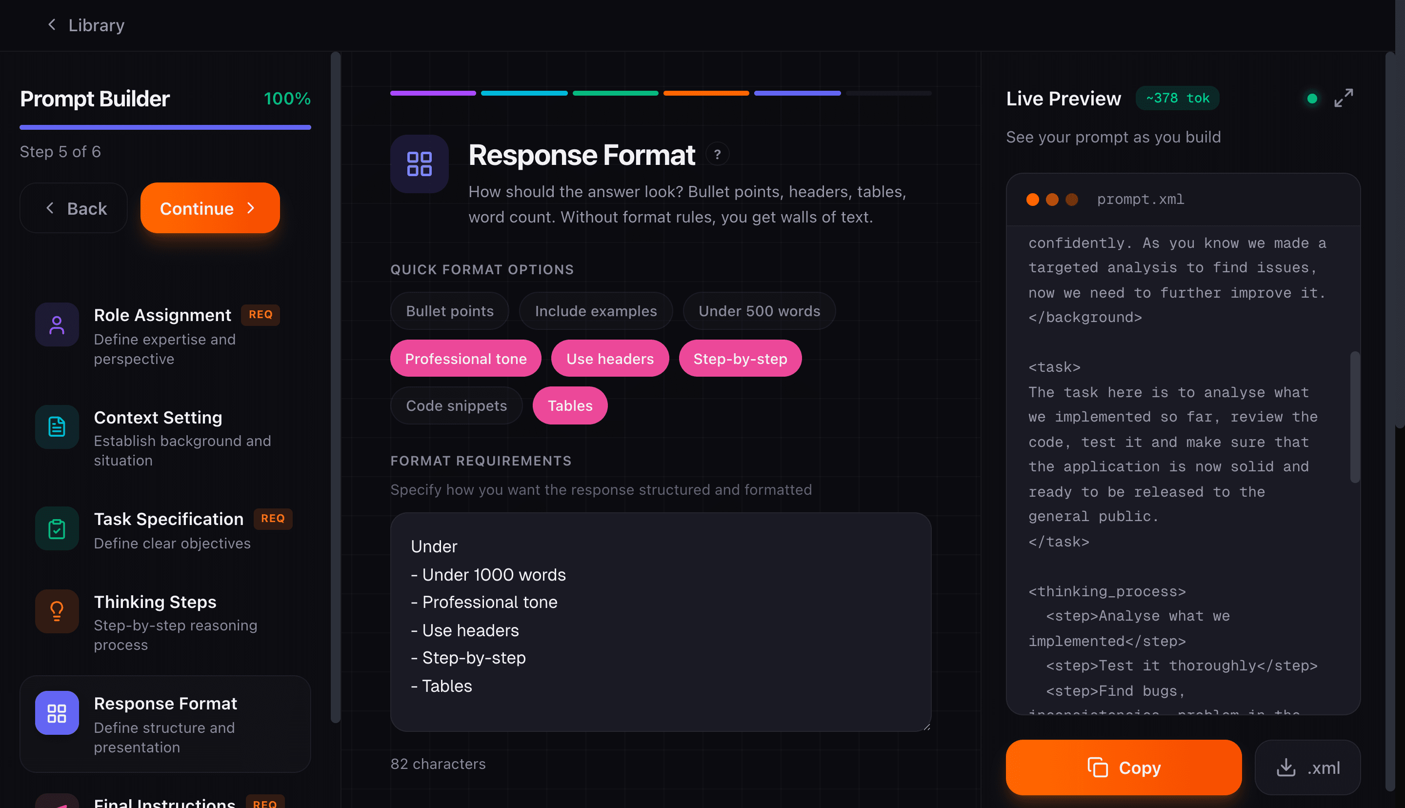 Prompt Builder response format step with quick format options and constraints