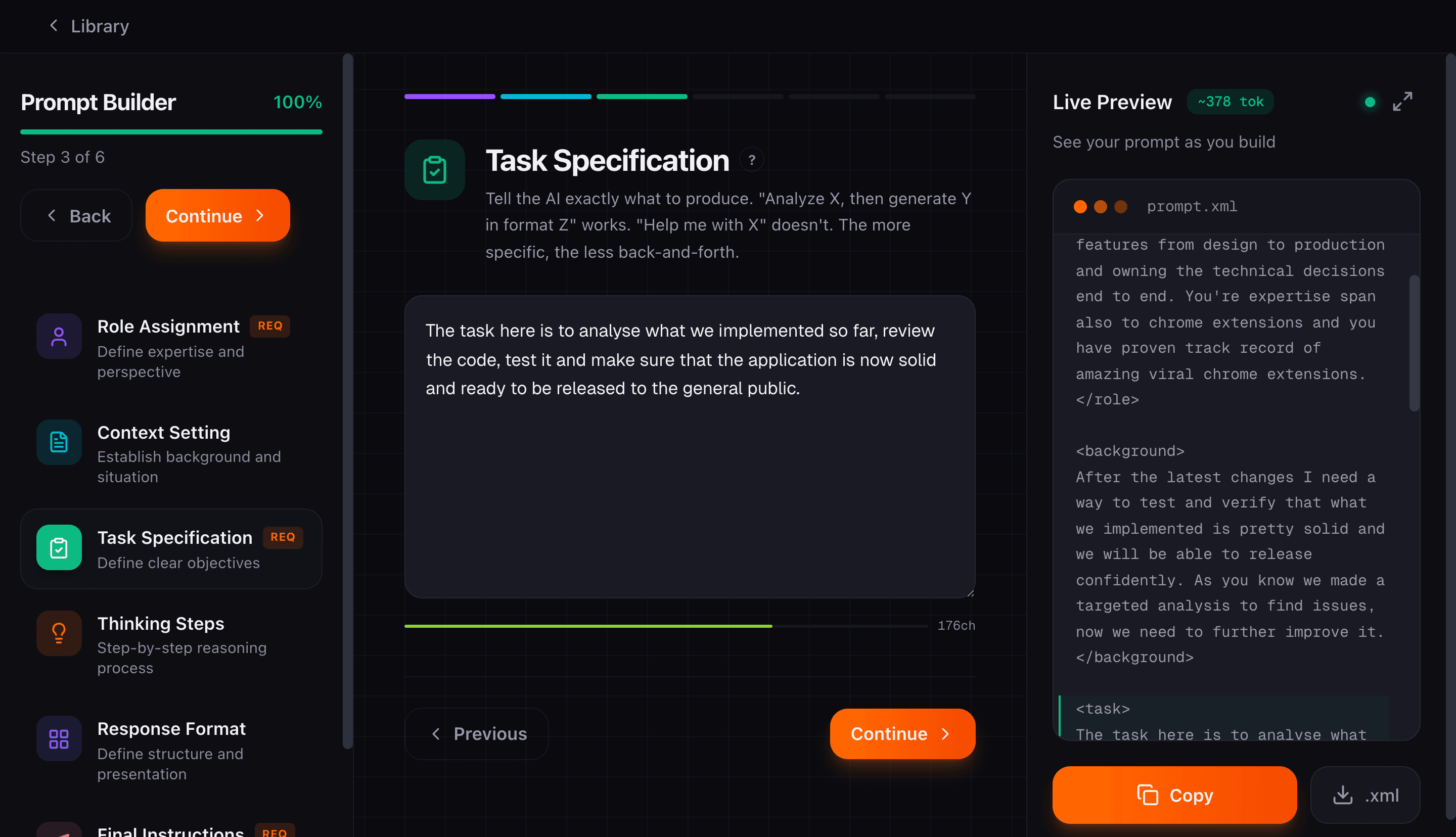 Prompt Builder task specification step with clear objectives