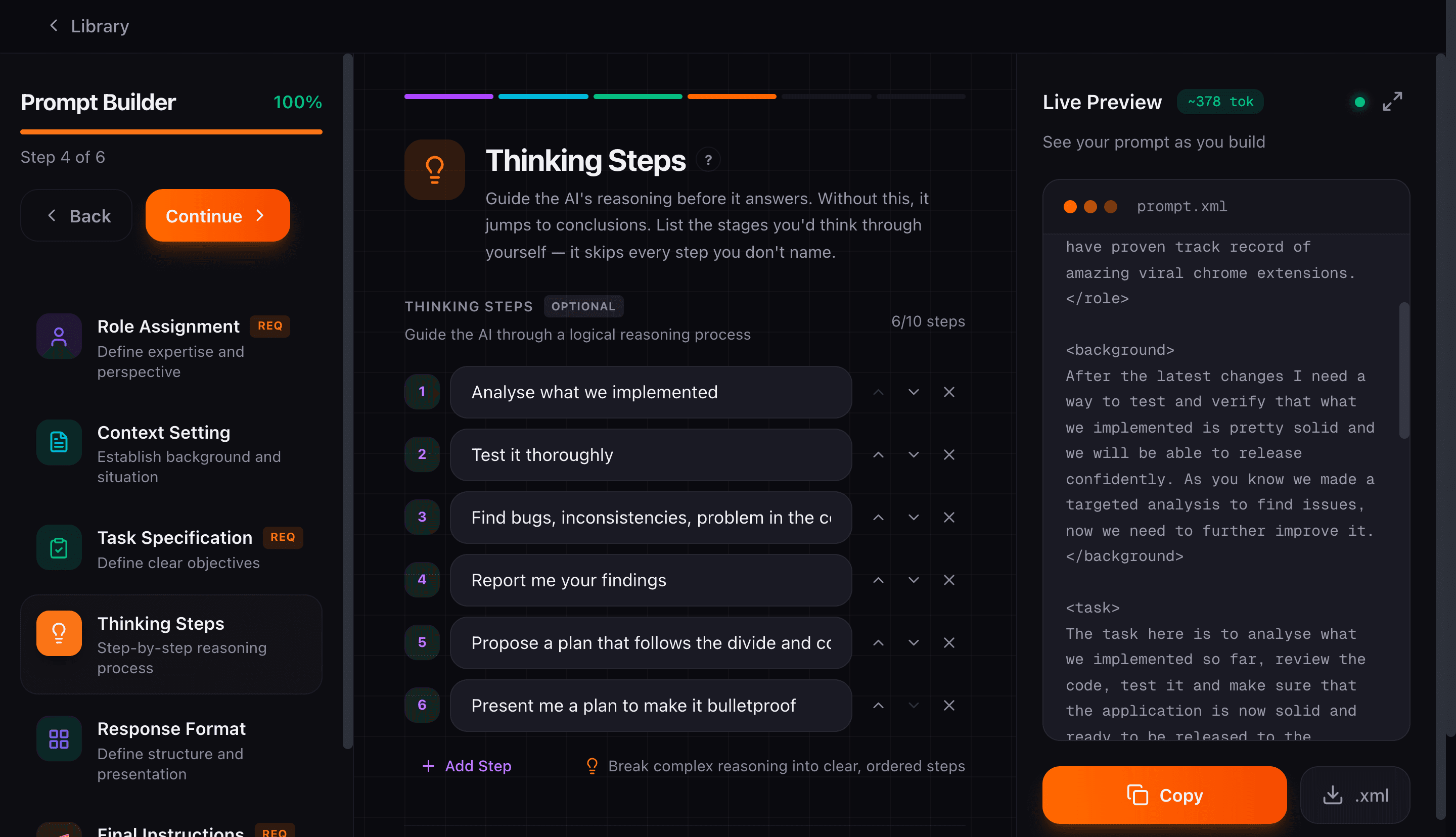Prompt Builder thinking steps with ordered reasoning stages
