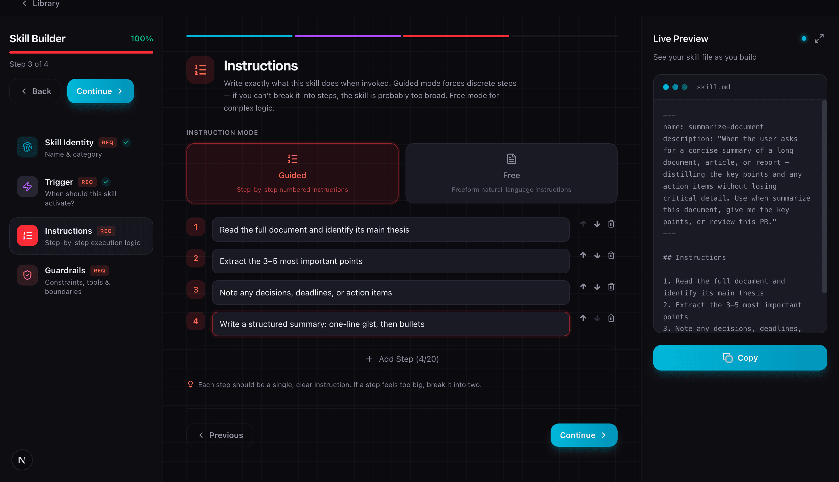 Skill Builder instructions step with guided numbered execution steps