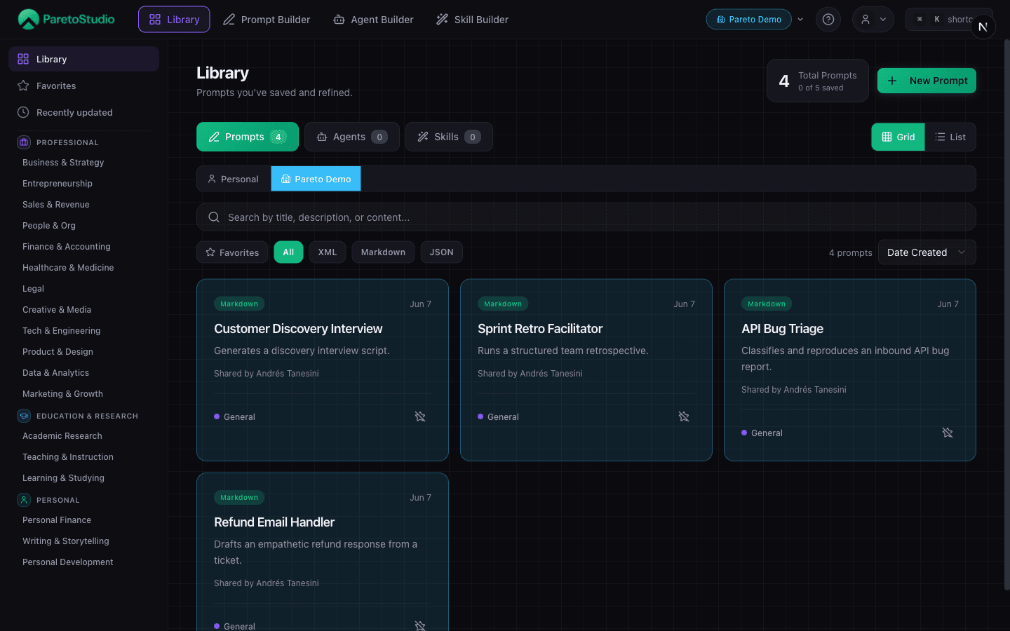 Team library showing shared prompt cards, each attributed to the teammate who shared it